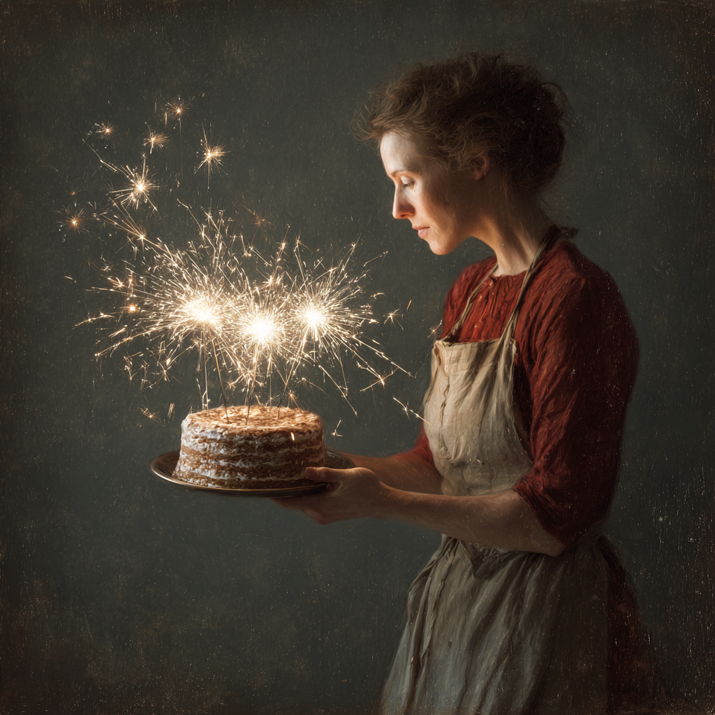 kobieta niesie tort z zimnymi ogniami